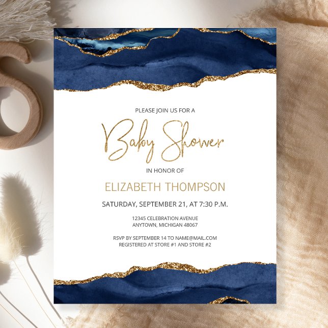 Budget Navy Blue Gold Agate Baby Shower Invitation (Creator Uploaded)