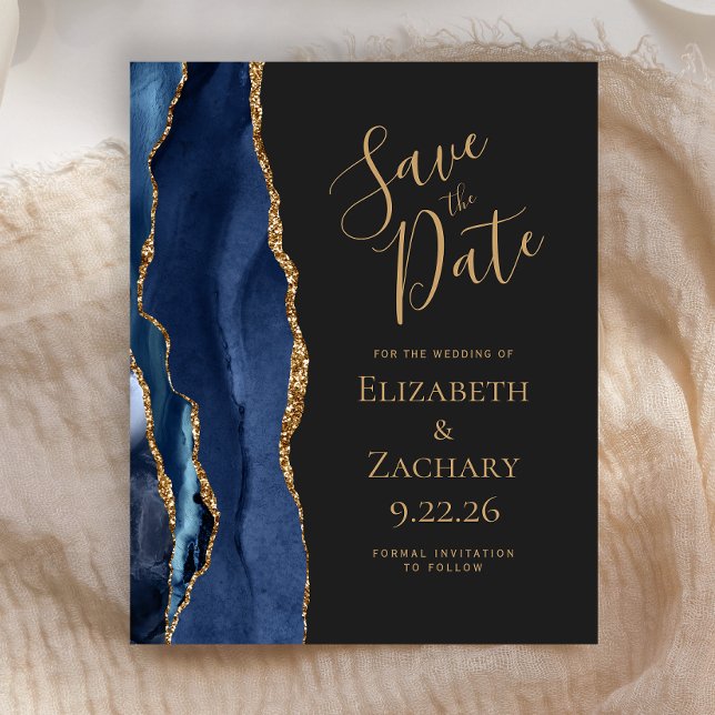 Budget Navy Blue Gold Agate Dark Save the Date (Creator Uploaded)