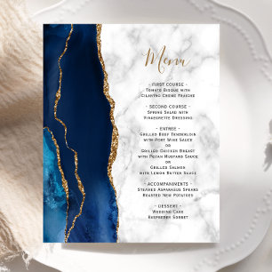 Budget Navy Blue Gold Agate Marble Wedding Menu