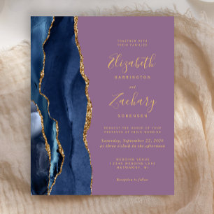 Budget Navy Blue Gold Agate Mauve Wedding Invite