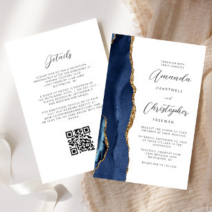 Budget Navy Blue Gold Agate QR Code Wedding