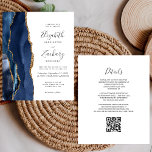 Budget Navy Blue Gold Agate QR Code Wedding Invite<br><div class="desc">The left-hand edge of this elegant modern wedding invitation features a navy blue watercolor agate border trimmed with faux gold glitter. The customisable text combines handwriting, copperplate and italic fonts in charcoal grey on a white background. Add additional details on the back, along with a QR code to help your...</div>