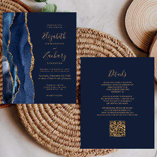 Budget Navy Blue Gold Agate QR Code Wedding Invite