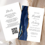 Budget Navy Blue Gold Agate QR Code Wedding Invite<br><div class="desc">The left-hand edge of this elegant modern wedding invitation features a navy blue watercolor agate border trimmed with faux gold glitter. The customisable text combines handwriting, copperplate and italic fonts in charcoal grey on a white background. Add additional details on the back, along with a QR code to help your...</div>