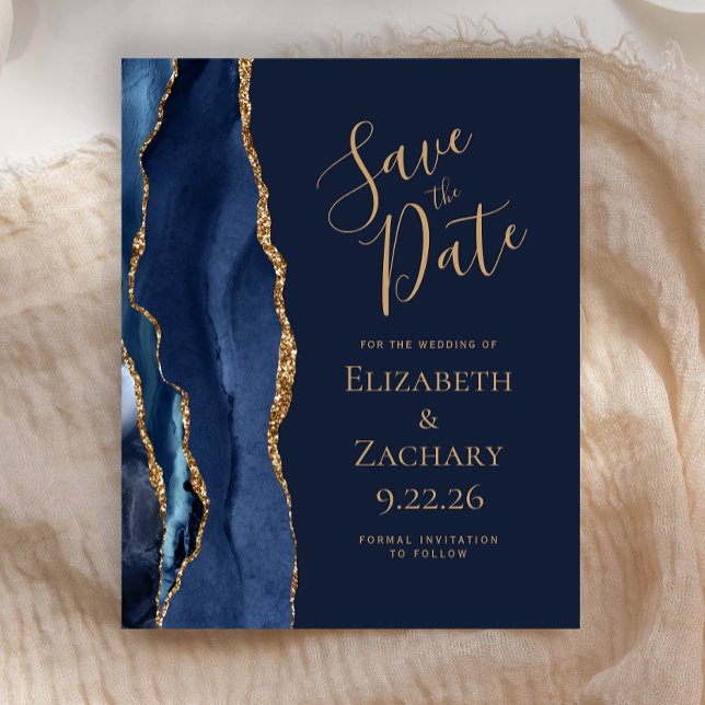 Budget Navy Blue Gold Agate Save the Date (Creator Uploaded)