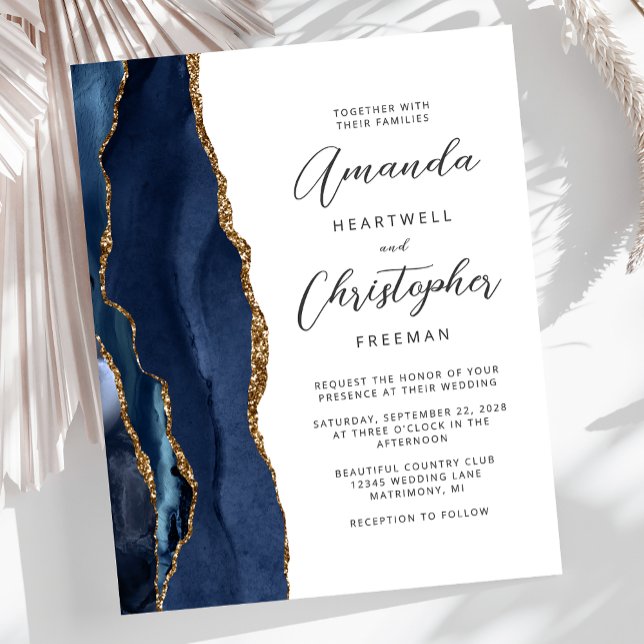 Budget Navy Blue Gold Agate Wedding Invitation (Creator Uploaded)
