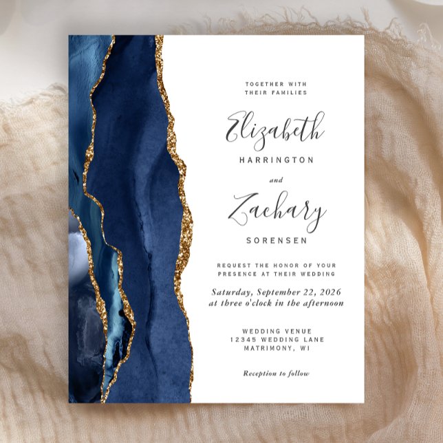 Budget Navy Blue Gold Agate Wedding Invitation (Creator Uploaded)