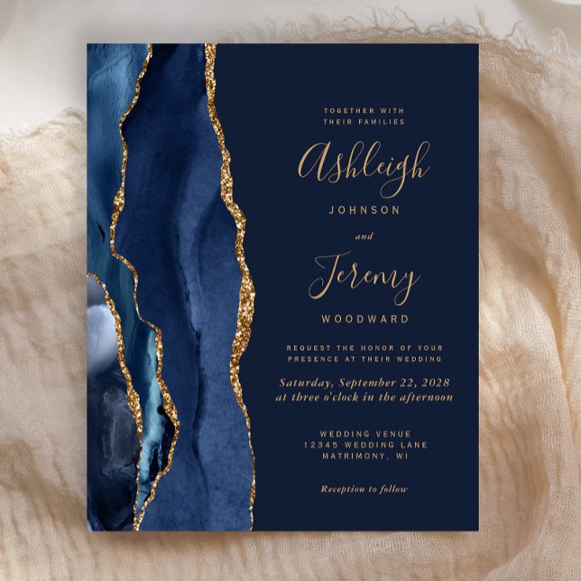Budget Navy Blue Gold Agate Wedding Invitation (Creator Uploaded)