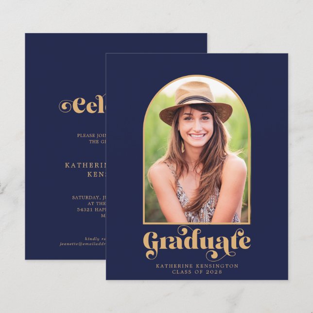 Budget Navy Blue Gold Arch Photo Graduation Party (Front/Back)