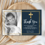 Budget Navy Blue Gold Baptism Thank You Cards<br><div class="desc">Budget, elegant navy blue christening and baptism thank you personalised affordable low budget THIN card. Send thanks to family and friends with this modern personalised thank you religious flat card. It features hand lettered ”Thank You” script, around double faux gold foil frame on navy background. ***PLEASE NOTE! *** BUDGET PAPER/FLYER...</div>