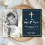 Budget Navy Blue Gold Baptism Thank You Cards<br><div class="desc">Budget, elegant navy blue christening and baptism thank you cards. Send thanks to family and friends with this modern personalised thank you religious flat card. It features hand lettered ”Thank You” script, around double faux gold foil frame on navy background. This modern beautiful photo thank you card will also be...</div>