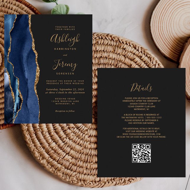 Budget Navy Blue Gold Dark QR Code Wedding Invite (Creator Uploaded)