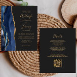 Budget Navy Blue Gold Dark QR Code Wedding Invite<br><div class="desc">Save the cost of printing and mailing separate RSVP cards with this elegant modern all-in-one budget wedding invitation. The left-hand edge features a navy blue watercolor agate border trimmed with gold faux glitter. The customisable text combines gold-coloured handwriting, copperplate and italic fonts on a slate black background. The reverse side...</div>