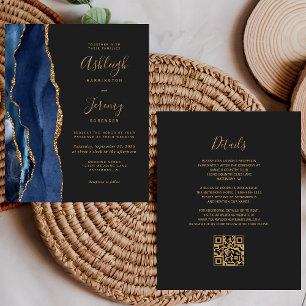 Budget Navy Blue Gold Dark QR Code Wedding Invite