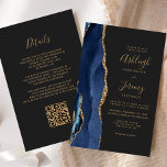 Budget Navy Blue Gold Dark QR Code Wedding Invite<br><div class="desc">Save the cost of printing and mailing separate RSVP cards with this elegant modern all-in-one budget wedding invitation. The left-hand edge features a navy blue watercolor agate border trimmed with gold faux glitter. The customisable text combines gold-coloured handwriting, copperplate and italic fonts on a slate black background. The reverse side...</div>
