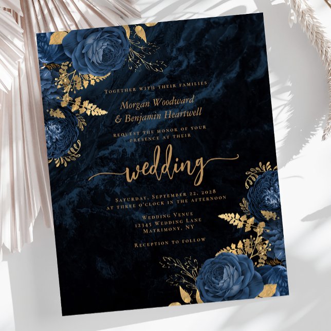 Budget Navy Blue Gold Floral Wedding Invite (Creator Uploaded)