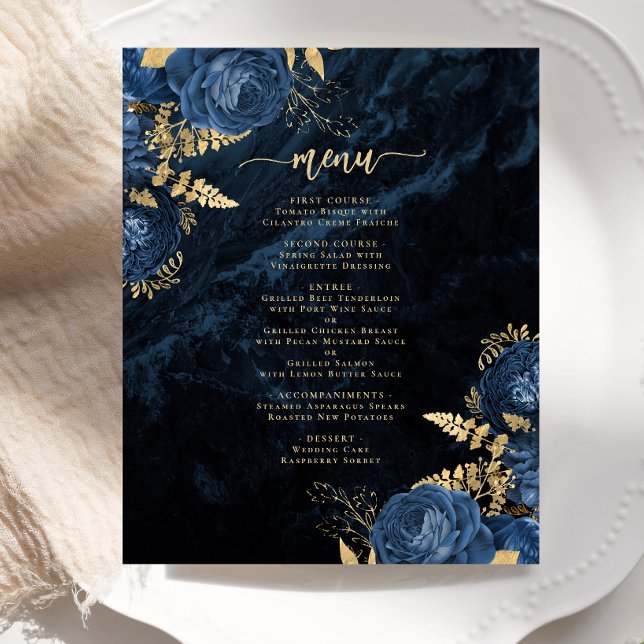 Budget Navy Blue Gold Floral Wedding Menu (Creator Uploaded)