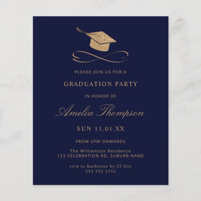 Budget Navy Blue & Gold Glitter Graduation Invite (Front)