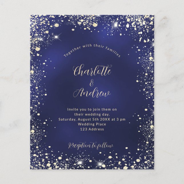 Budget navy blue gold glitter wedding invitation (Front)