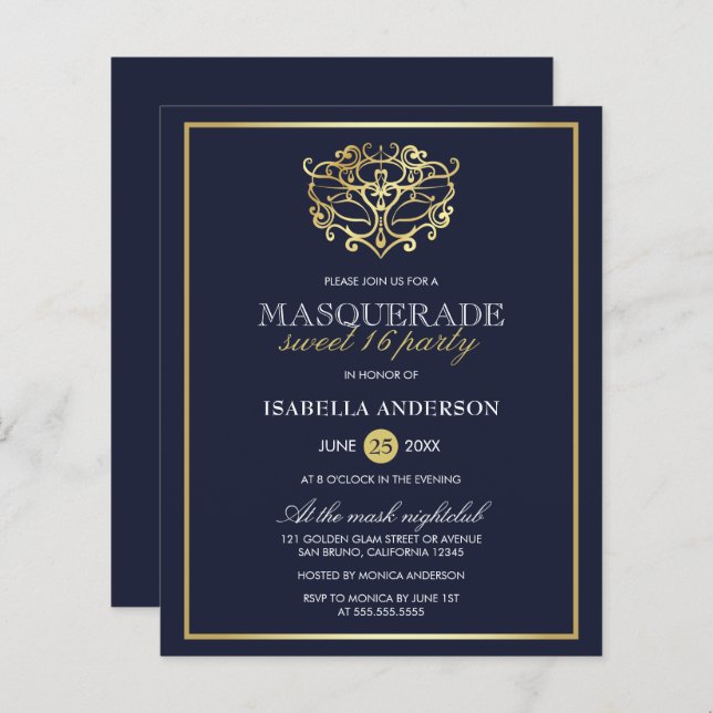 Budget Navy Blue & Gold Masquerade Sweet 16 Party (Front/Back)