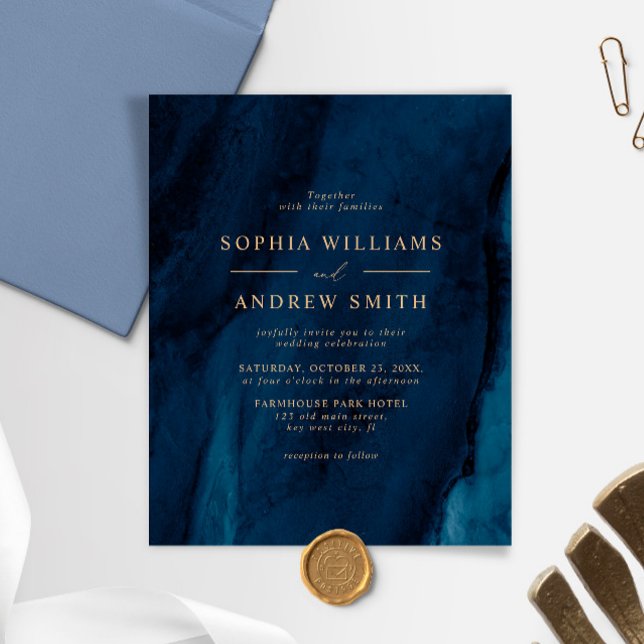 BUDGET Navy Blue & Gold Minimal Wedding invitation (Creator Uploaded)
