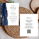 Budget Navy Blue Gold QR Code Wedding Invitation<br><div class="desc">Save the cost of printing and mailing separate RSVP cards with this elegant modern all-in-one budget wedding invitation. The left-hand edge features a navy blue watercolor agate border trimmed with gold faux glitter. The customizable text combines charcoal gray handwriting, copperplate and italic fonts on a white background. The reverse side...</div>