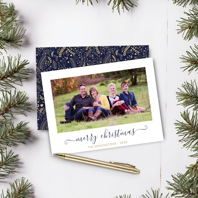 BUDGET Navy Blue Gold Script Christmas Photo (BUDGET Navy Blue Gold Script Christmas Photo Card)