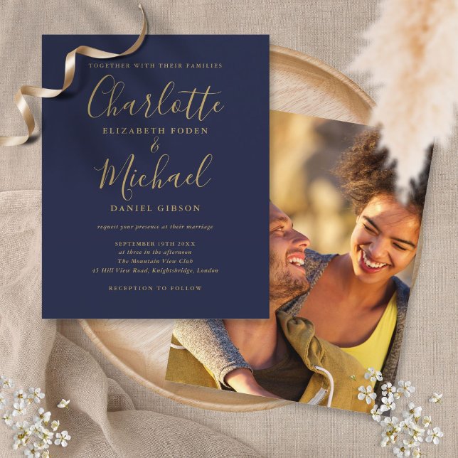Budget Navy Blue Gold Script Photo Wedding Invite (Creator Uploaded)