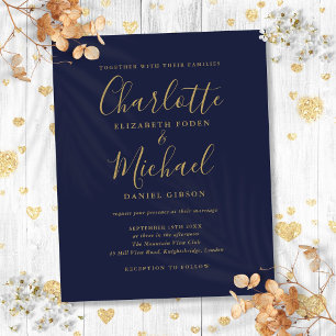Budget Navy Blue Gold Script Wedding Invitation