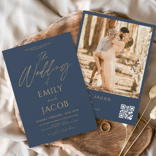 Budget Navy Blue Gold Wedding QR Code Photo Script