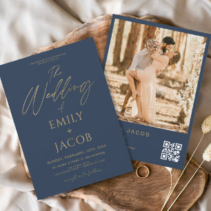 Budget Navy Blue Gold Wedding QR Code Photo Script