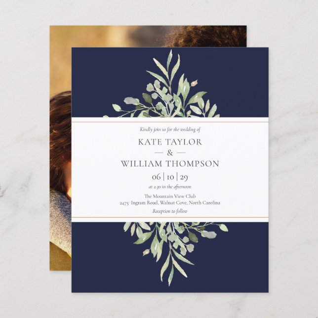 Budget Navy Blue Greenery Wedding Photo Invitation (Front/Back)