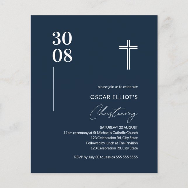 Budget Navy Blue Minimalist Boy Christening Invite (Front)