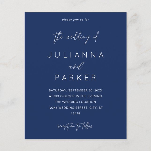 Budget Navy Blue MOD Calligraphy Wedding Flyer (Front)