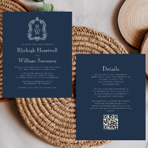 Budget Navy Blue Monogram Crest QR Code Wedding