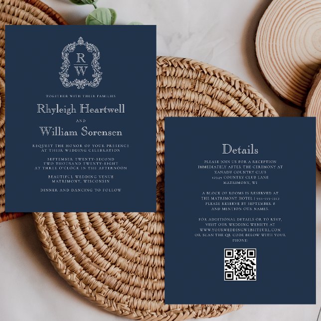 Budget Navy Blue Monogram Crest QR Code Wedding (Creator Uploaded)