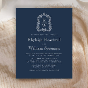 Budget Navy Blue Monogram Crest Wedding Invite