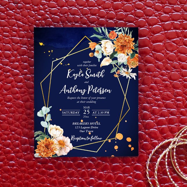 Budget navy blue orange white roses wedding invite (Creator Uploaded)
