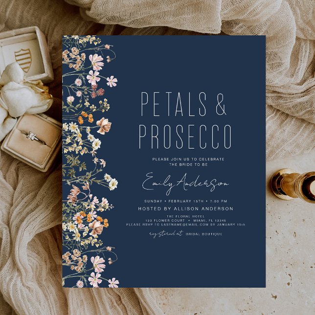 Budget Navy Blue Petals & Prosecco Bridal Shower Flyer (Creator Uploaded)