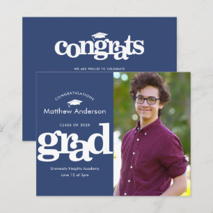 Budget navy blue photo graduation bold invitation 