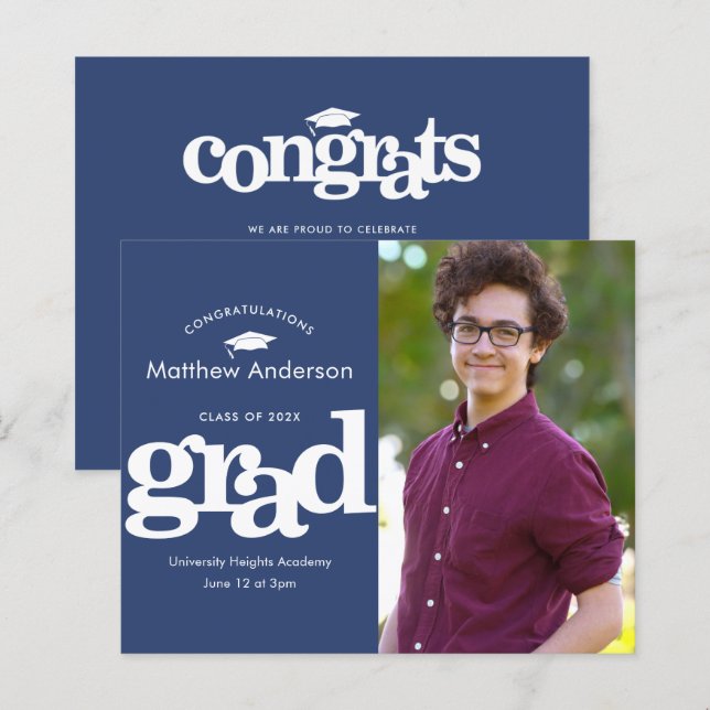 Budget navy blue photo graduation bold invitation  (Front/Back)