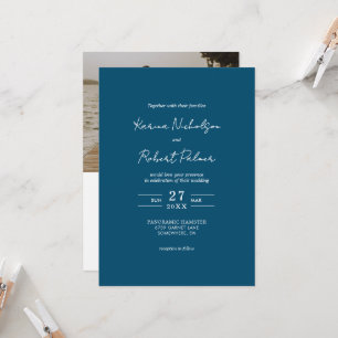 Budget Navy Blue Photo QR Code RSVP Wedding Invitation