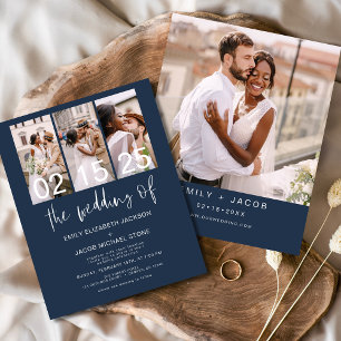 Budget Navy Blue Photo Wedding Invitation