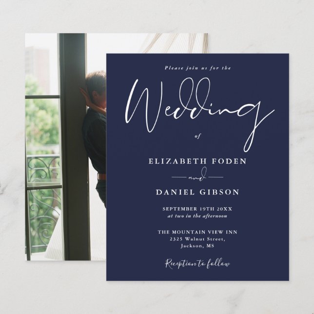 Budget Navy Blue Photo Wedding Invitation (Front/Back)