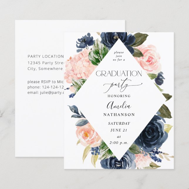 Budget Navy Blue & Pink Floral Graduation Party (Front/Back)