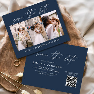 Budget Navy Blue QR Code - Save the Date 3 Photo Flyer