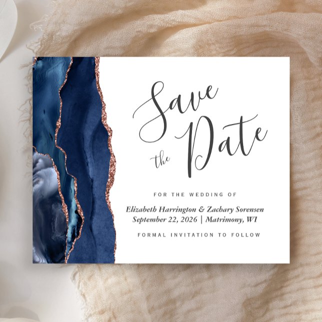 Budget Navy Blue Rose Gold Agate Save the Date (Creator Uploaded)