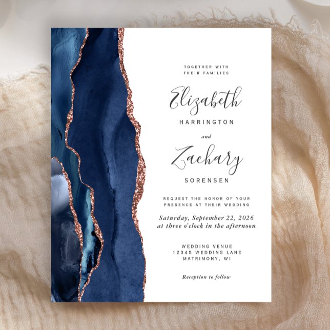 Budget Navy Blue Rose Gold Agate Wedding Invite (Creator Uploaded)