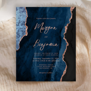 Budget Navy Blue Rose Gold Agate Wedding Invite