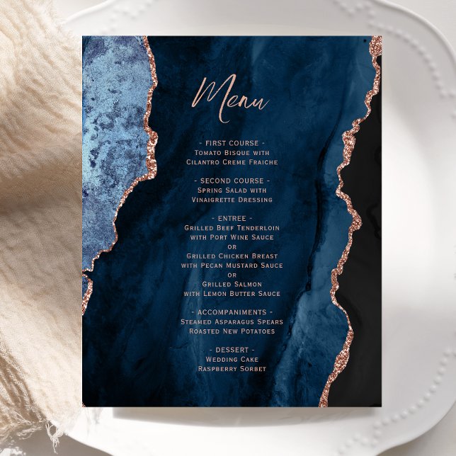 Budget Navy Blue Rose Gold Agate Wedding Menu (Creator Uploaded)
